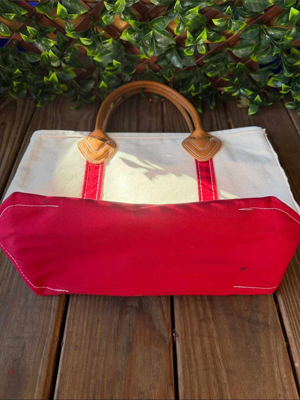 Vintage L.L. Bean Cream Canvas Tote with Red Trim and Tan Leather Handles - Picture 6 of 6